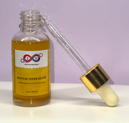 A bottle of Match Tone Glow Serum with the dropper leaning on it by the side