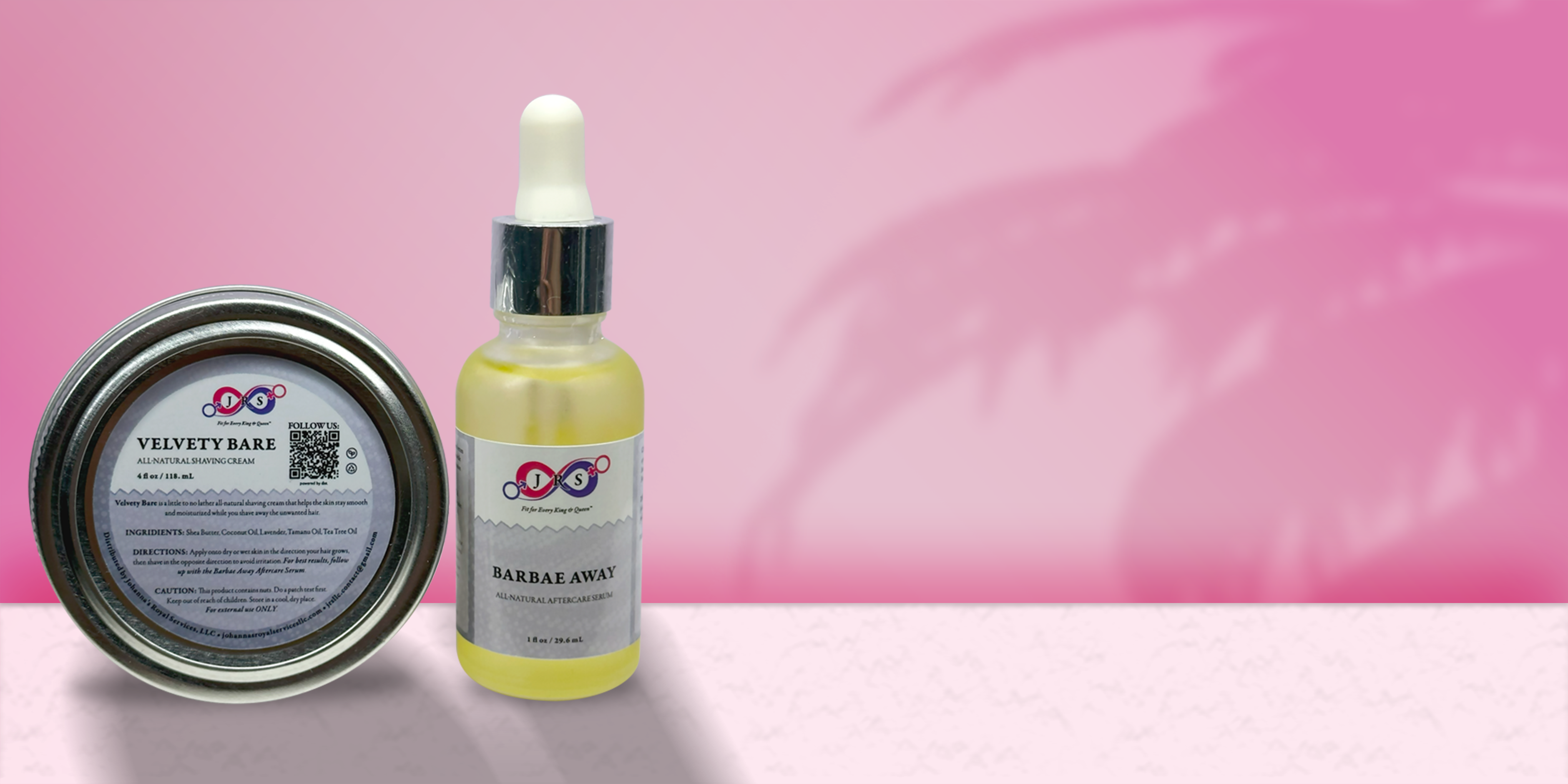 Image of Velvety Bare Shaving Cream and Barbae Away Serum over a pink colored background